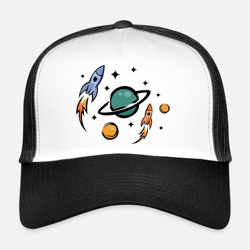 Retro Future Rockets & Planets Collage Trucker Cap
