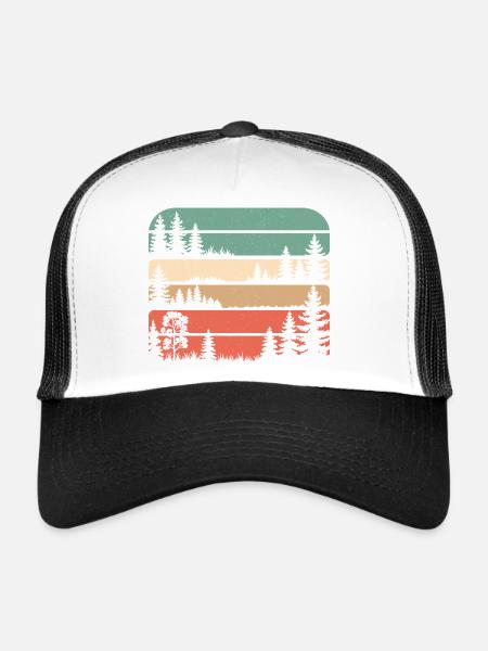 Silhouette d'arbres de forêt rétro, cadeau de randonnée - Casquette trucker  - blanc/noir - Devant