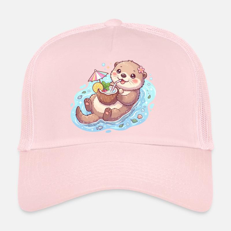 Cute Kawaii Otter Floating with Coconut Drink Casquette trucker 