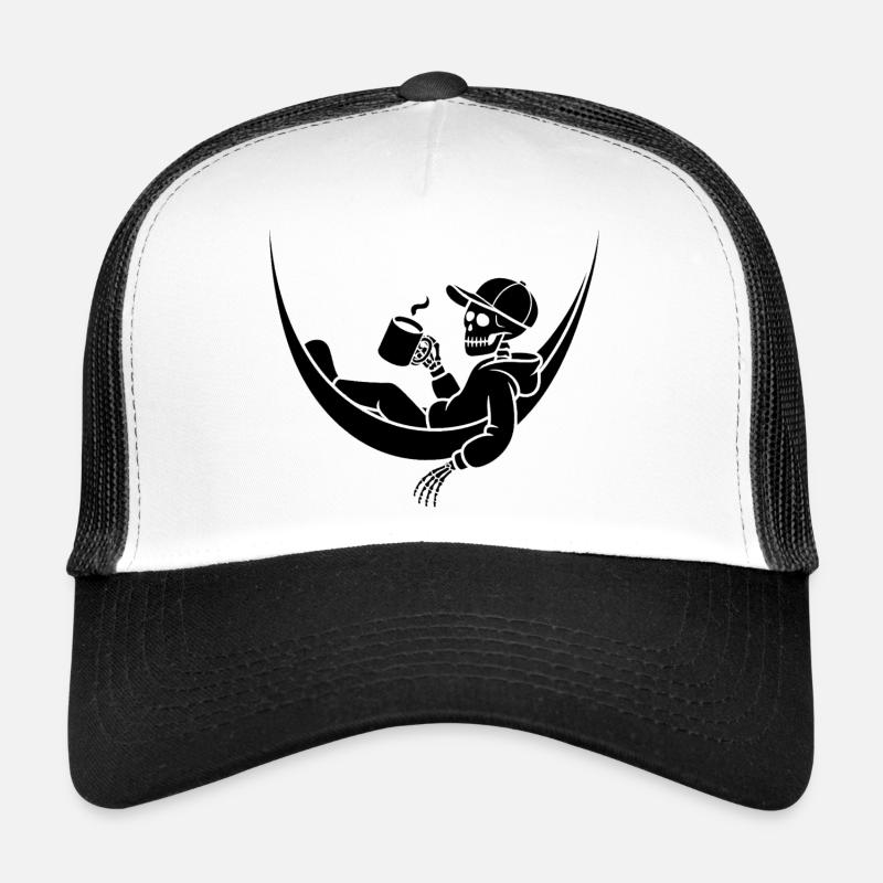 Skeleton in hammock with coffee Trucker Cap