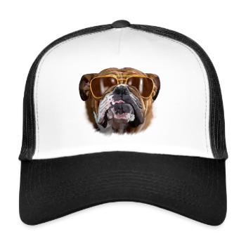 Bulldog mit Sonnenbrille - Trucker Cap - Weiß/Schwarz - Vorne
