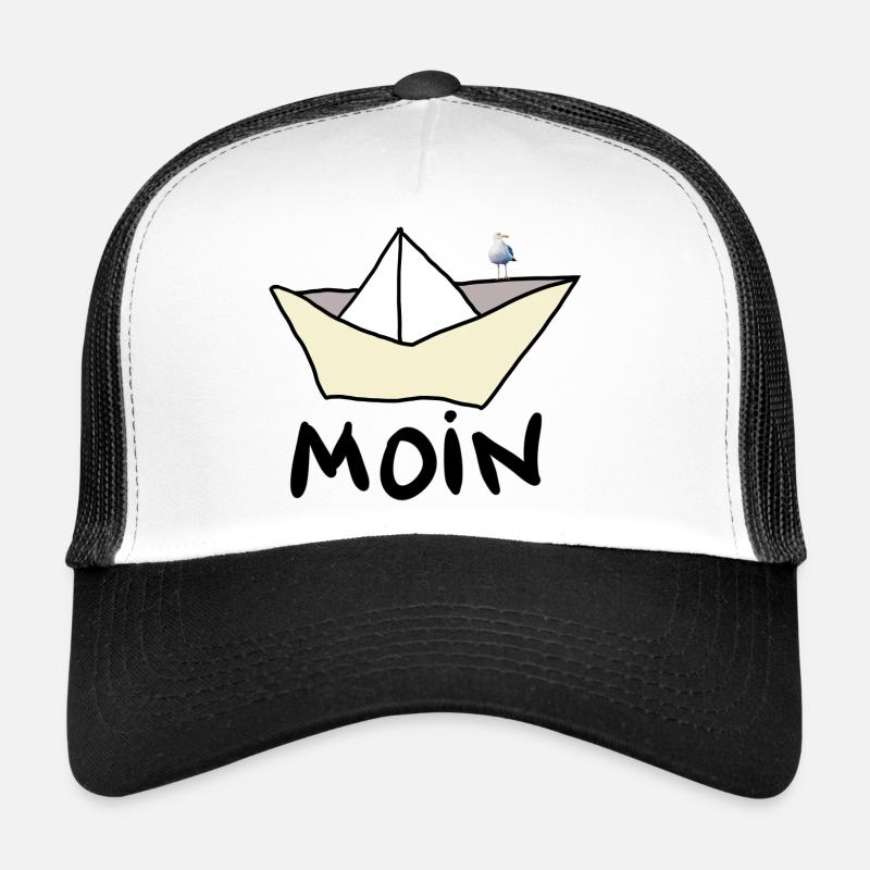 Papierboot am Strand mit Möwe - Trucker Cap - Weiß/Schwarz