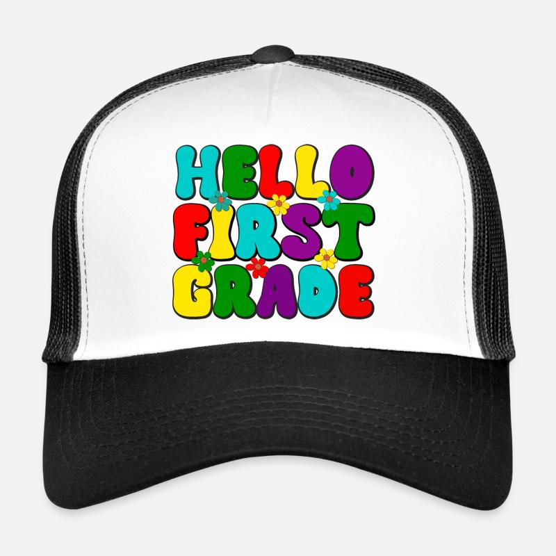 Hello first grade, school, school enrollment, school start Trucker Cap