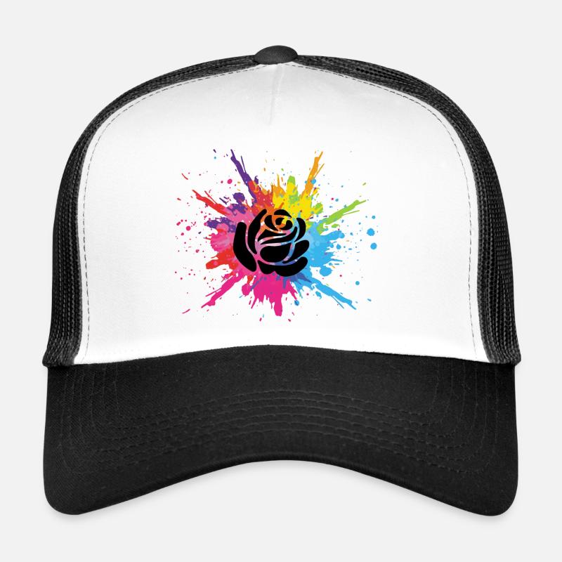 Schwarze Blume und mehrfarbige Explosion - Trucker Cap - Weiß/Schwarz