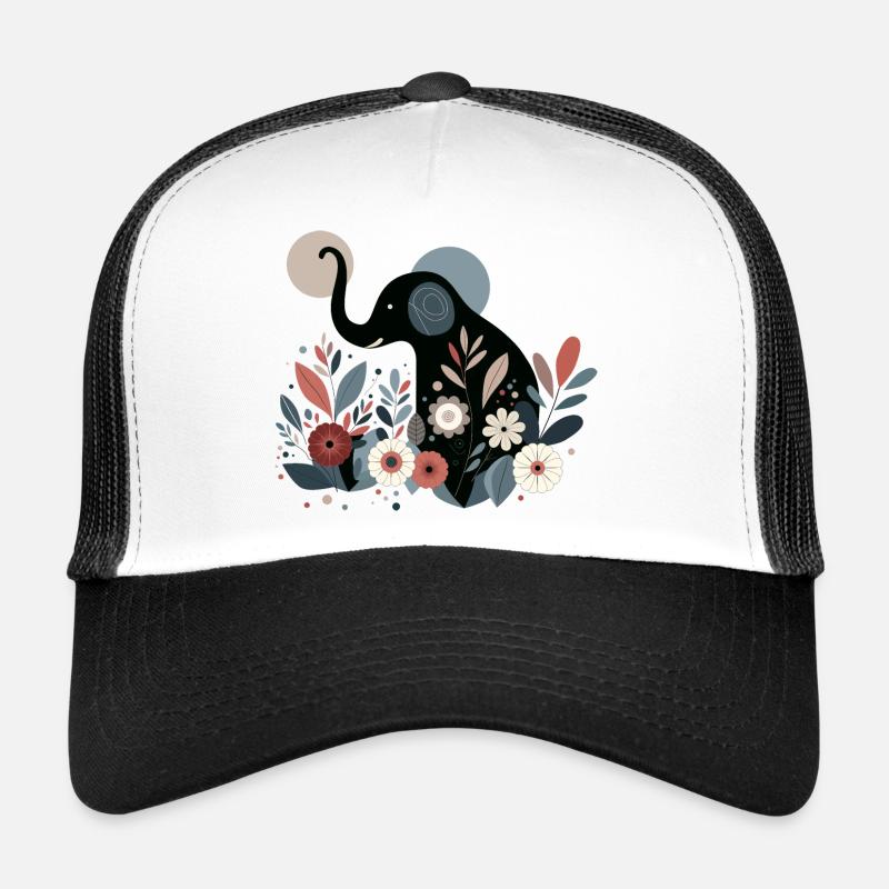 Éléphant floral - Casquette trucker  - blanc/noir