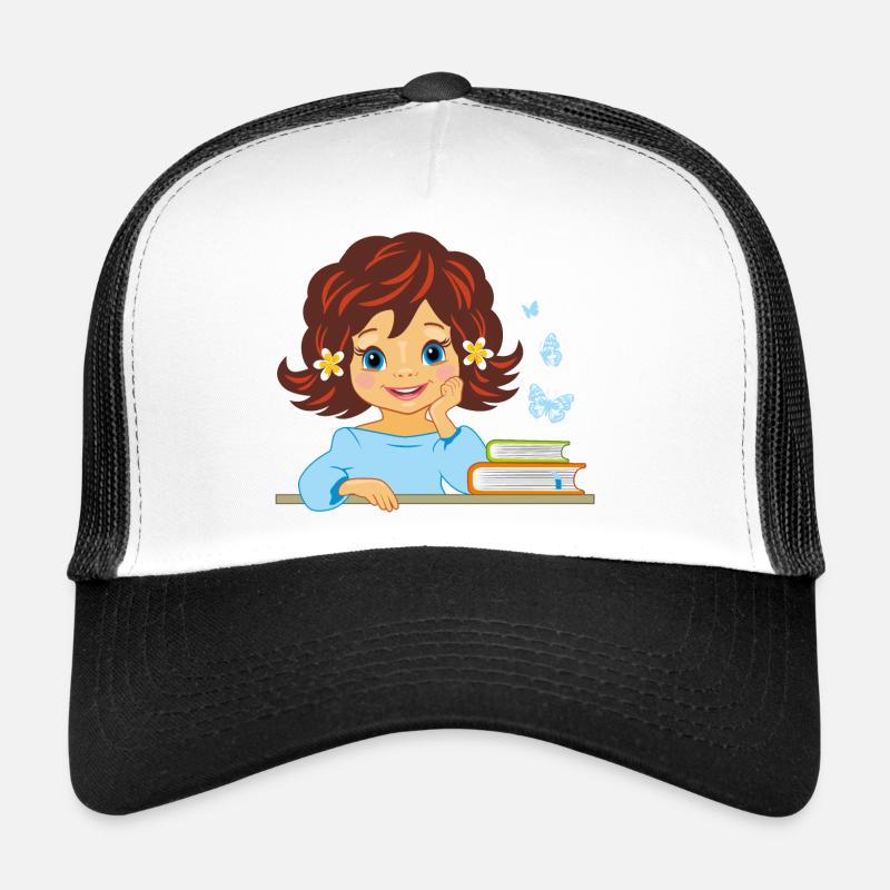 Süßes lächelndes kleines Mädchen mit Büchern Trucker Cap