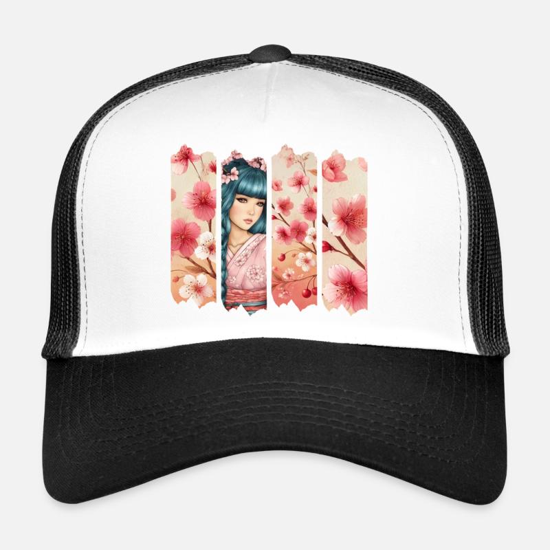 Kirschblüten Kimono Panel Portrait - Trucker Cap - Weiß/Schwarz