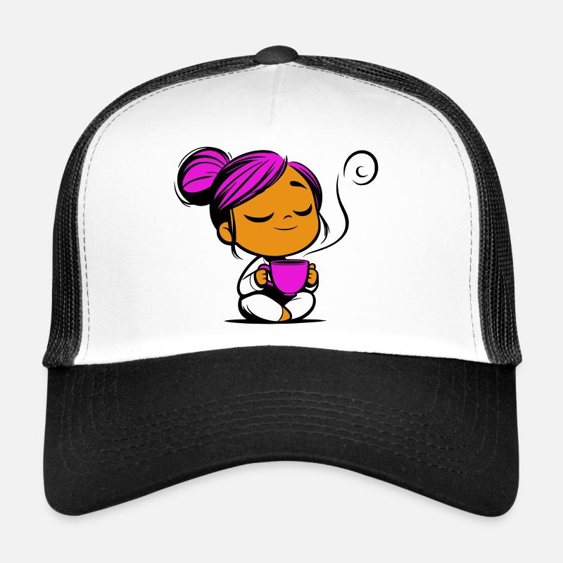 Tassmine enspannt mit einer Tasse Tee oder Kaffee Trucker Cap