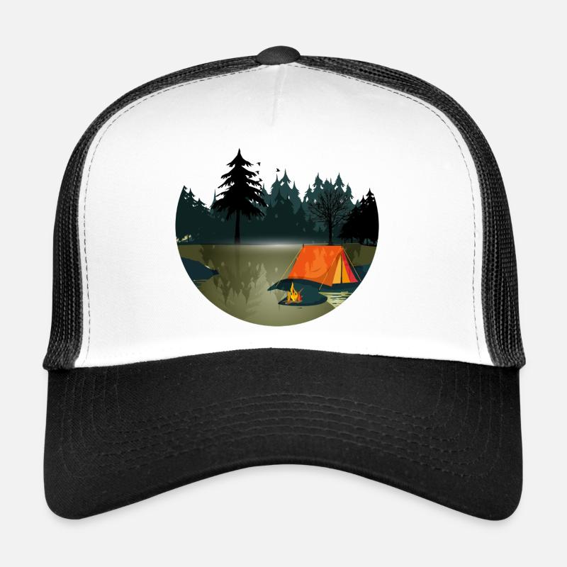 Tent and campfire in the dark forest Trucker Cap