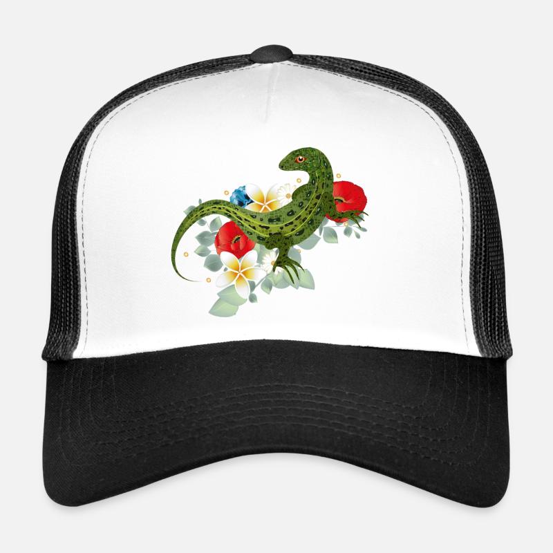Grüne Eidechse auf Blumen botanisches Motiv - Trucker Cap - Weiß/Schwarz