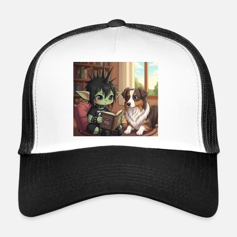 Anime mit Hund im Bücherzimmer - Trucker Cap - Weiß/Schwarz