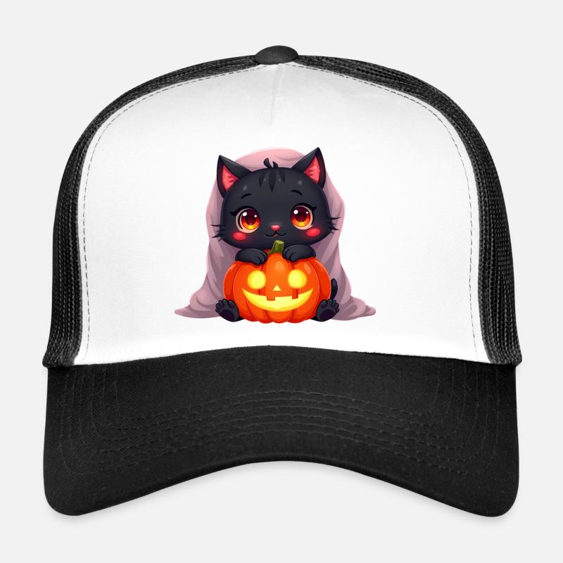 Halloween Cat with Halloween Pumpkin Trucker Cap