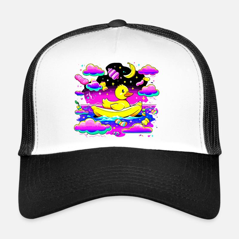 Bunte Quietscheente im Regenbogenboot Trucker Cap