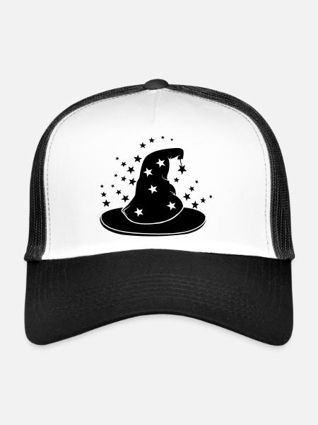 Chapeau de sorcier magique avec des étoiles - Casquette trucker  - blanc/noir - Devant