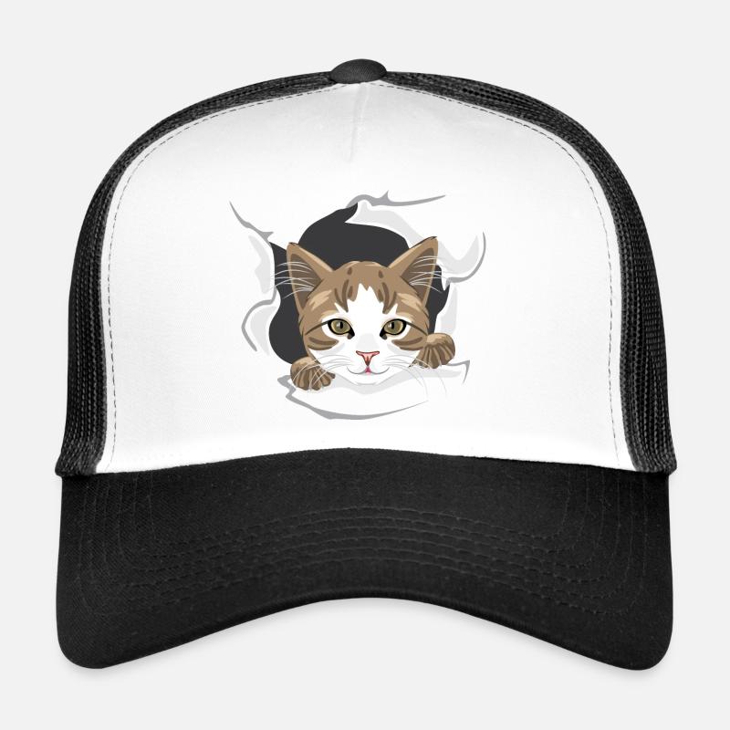 Un chat heureux jette un coup d’œil à travers du papier déchiré Casquette trucker 
