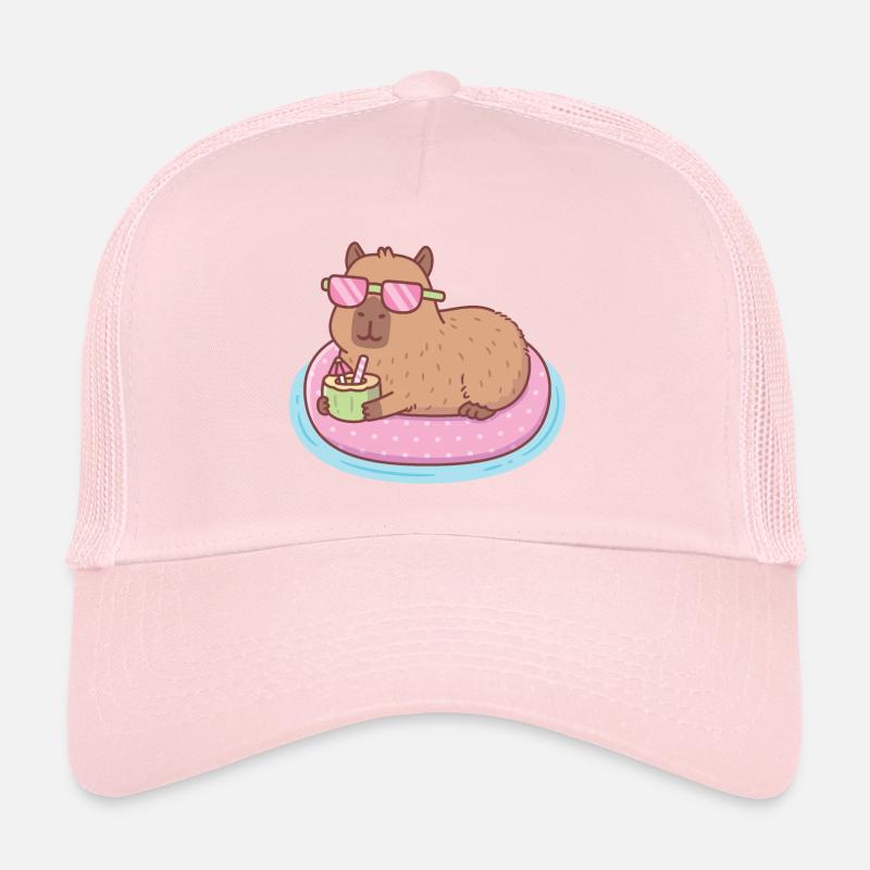 Lustiges Capybara chillt auf rosa Pool Float Trucker Cap