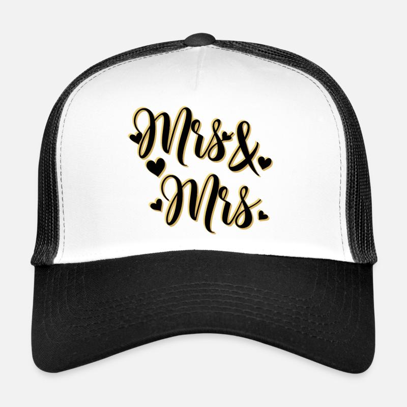 Mrs. and Mrs. in gold script Trucker Cap