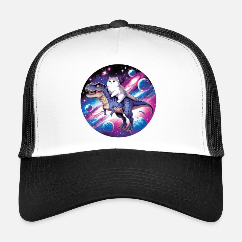 Kosmos-Tierreiter: Katze auf Dino - Trucker Cap - Weiß/Schwarz