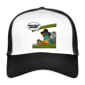 Was geht Digger? Spaßvogel am Steuer Papagei Style - Trucker Cap - Weiß/Schwarz - Vorne