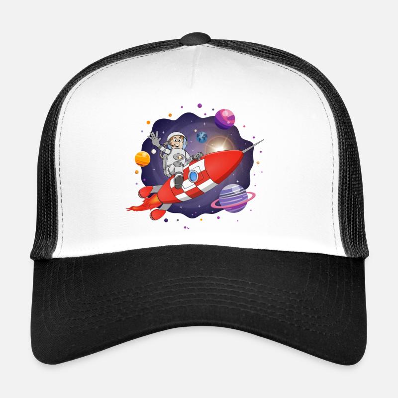 Der Astronaut auf der roten Rakete im All Trucker Cap