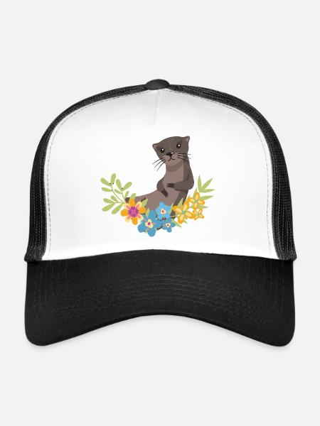 Loutre de mer dessin animé fleur floral - Casquette trucker  - blanc/noir - Devant