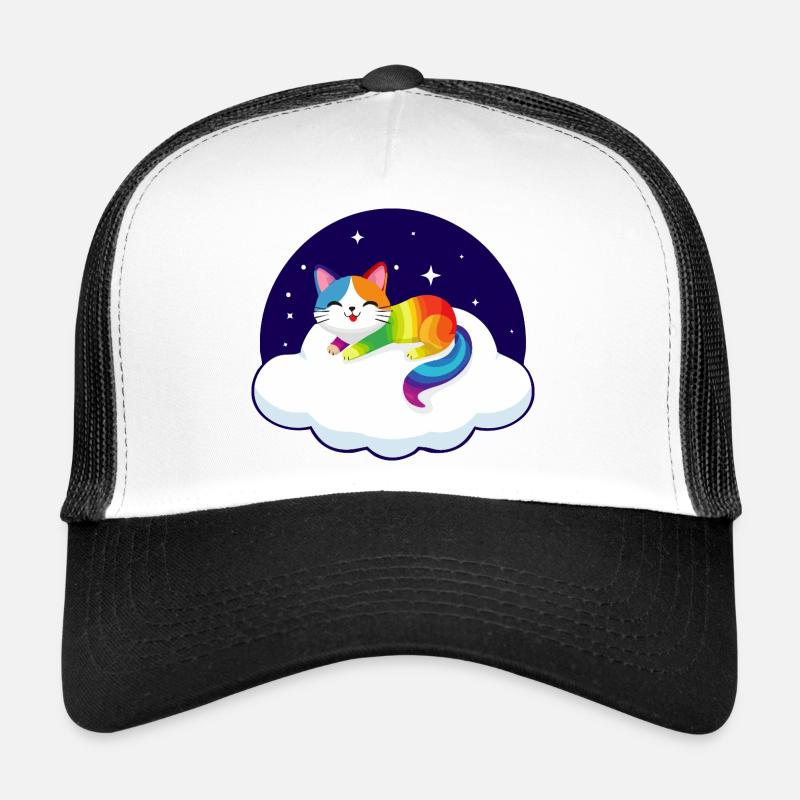 Kunterbunte Katze schwebt auf Wolke (Nacht) - Trucker Cap - Weiß/Schwarz