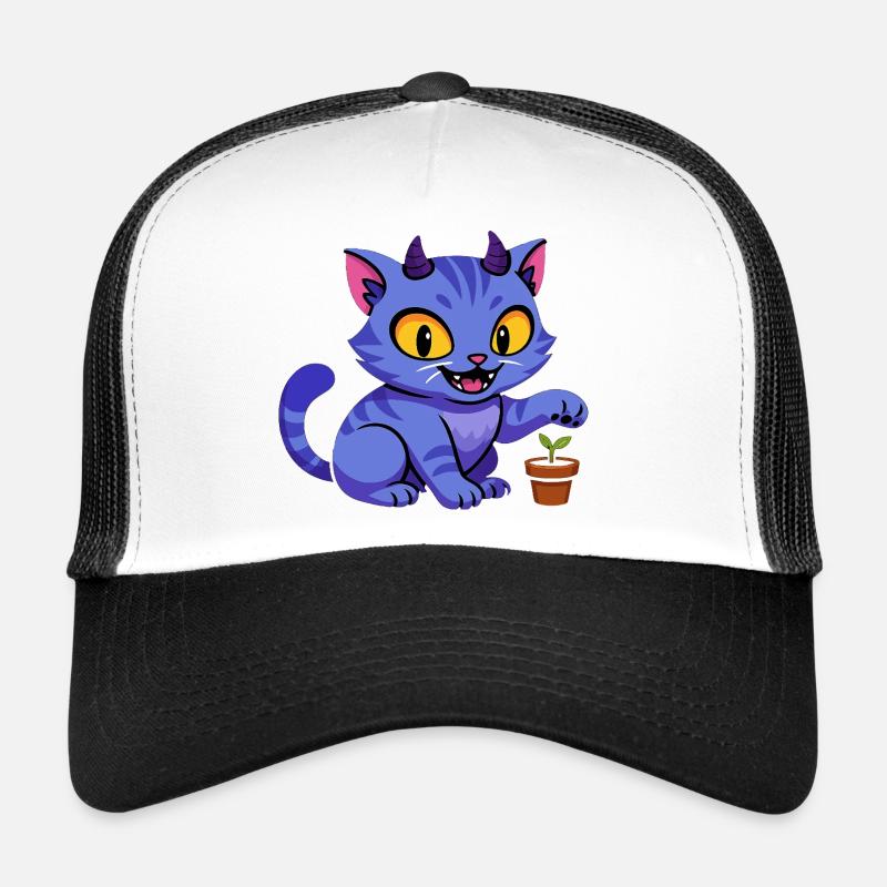 Blauer Katzenkobold mit Pflanze - Trucker Cap - Weiß/Schwarz