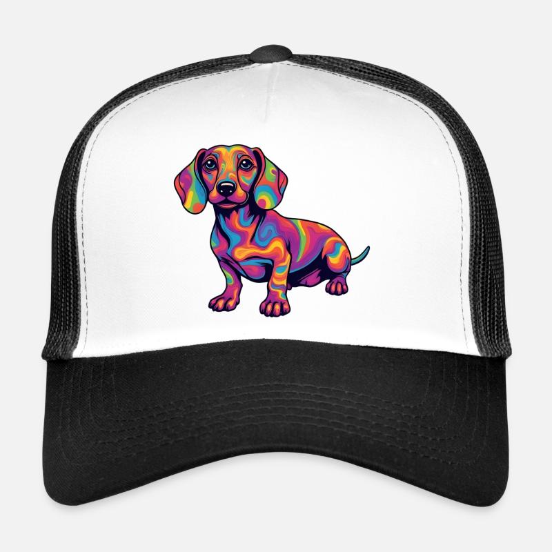 Teckel psychédélique Explosion de couleurs Pop Art - Casquette trucker  - blanc/noir