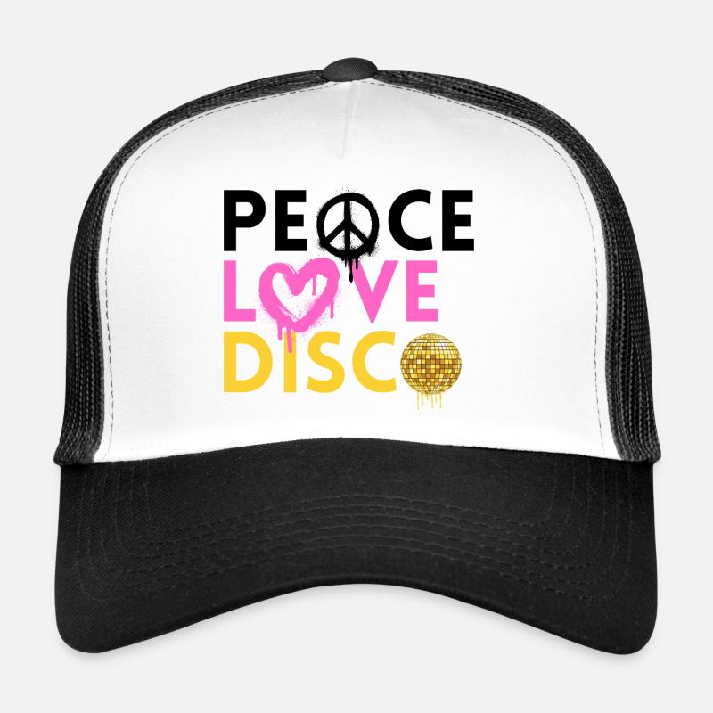Peace Love Disco Neon Retro Art Trucker Cap