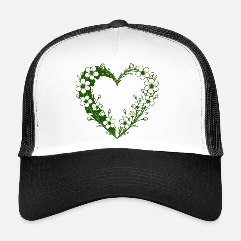 Cœur fleuri vert Silhouette florale Casquette trucker 