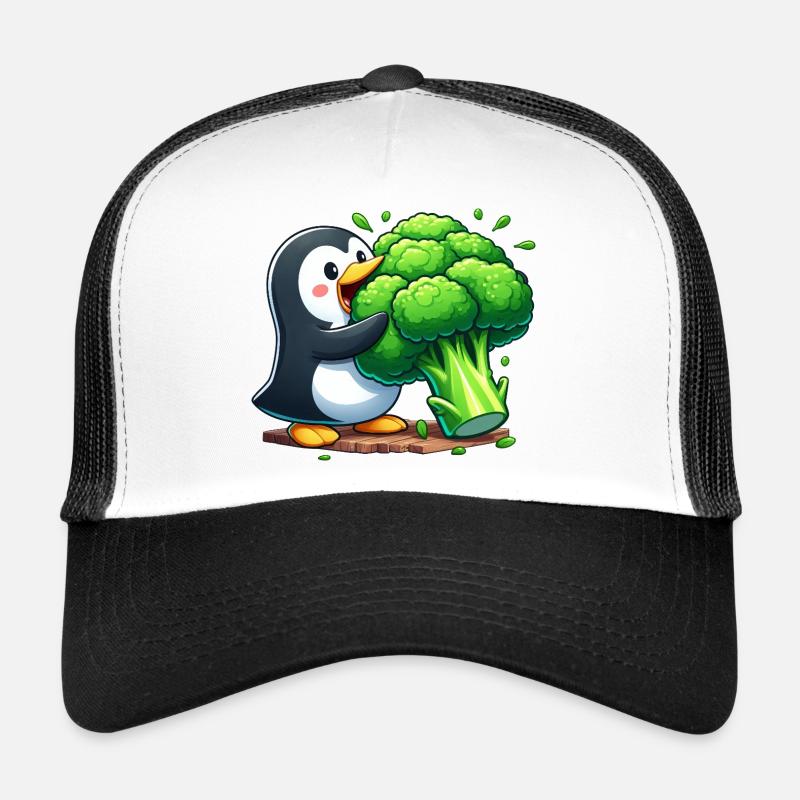 Cute Penguin with Broccoli Vegetables Vegan Cartoon Trucker Cap
