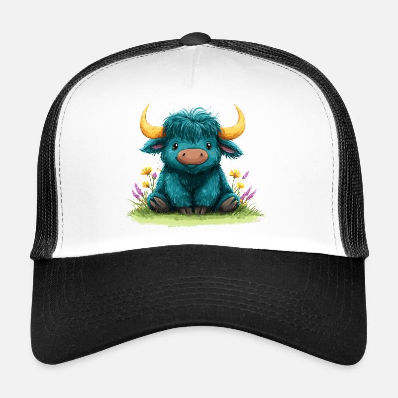 Yak bleu dans une mer de fleurs Casquette trucker 