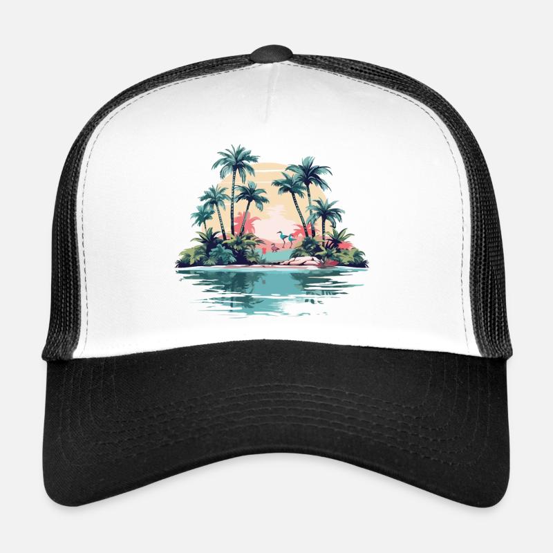 Tropical island at sunset Trucker Cap