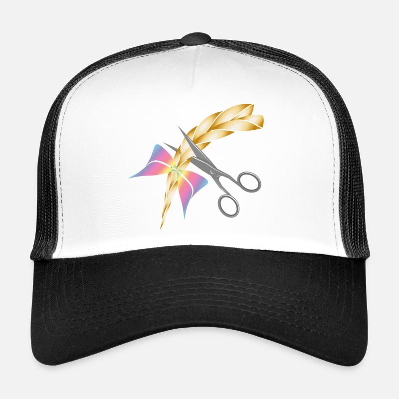 Schere schneidet einen blonden Zopf ab - Trucker Cap - Weiß/Schwarz