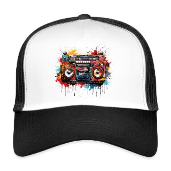 Ghetto Blaster Graffiti Design Hoodie - 80s - Trucker Cap - white/black - Front