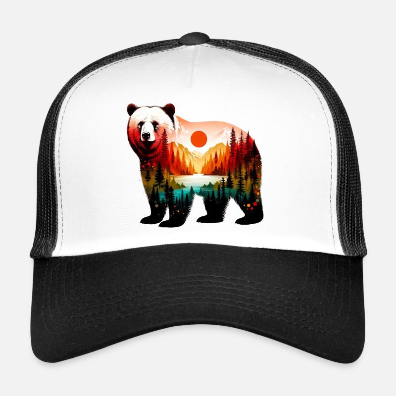 Decorated bear painted with forest landscape - Trucker Cap - white/black