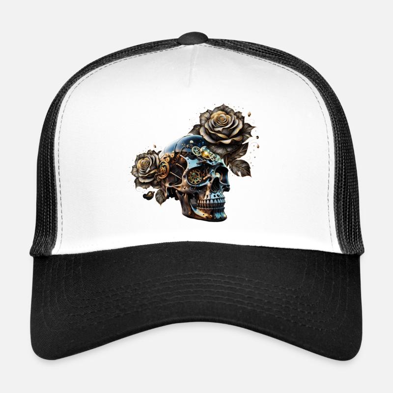 Superbe crâne steampunk sombre avec des roses Casquette trucker 