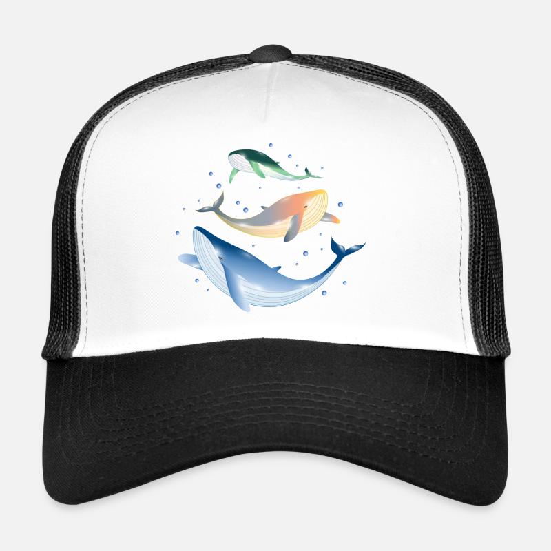 three brightly colored shimmering whales in the ocean Trucker Cap
