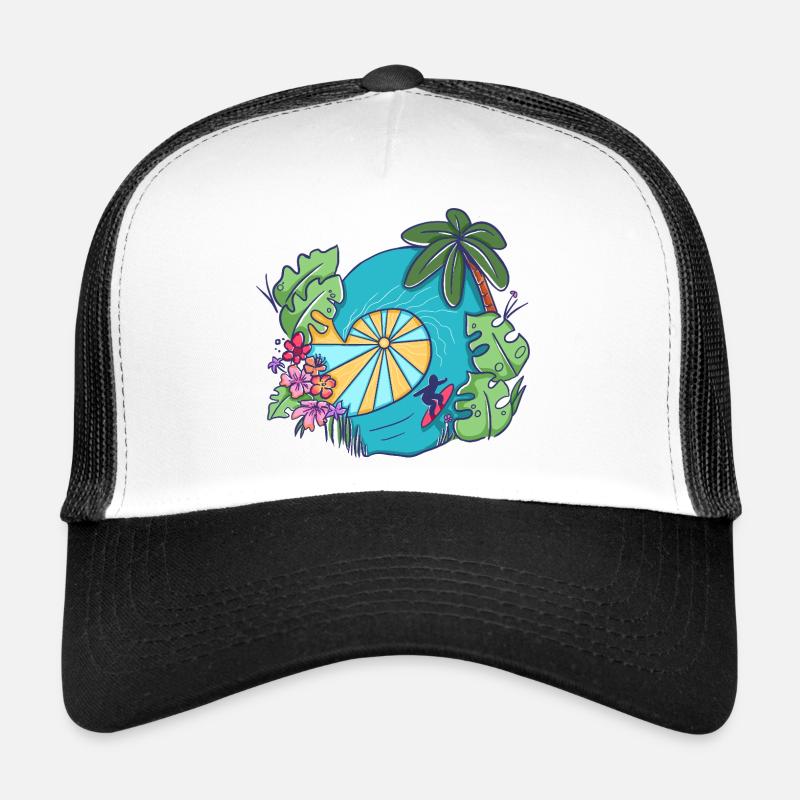 Tropical Ocean Wave with Palms – Summer Art - Trucker Cap - Weiß/Schwarz