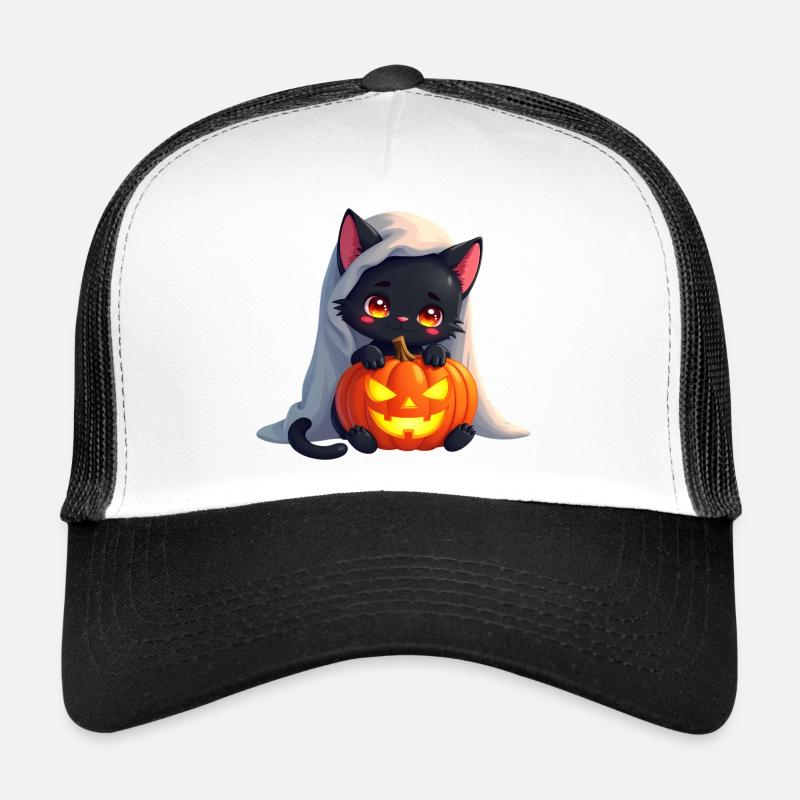 Halloween Cat with Halloween Pumpkin Trucker Cap