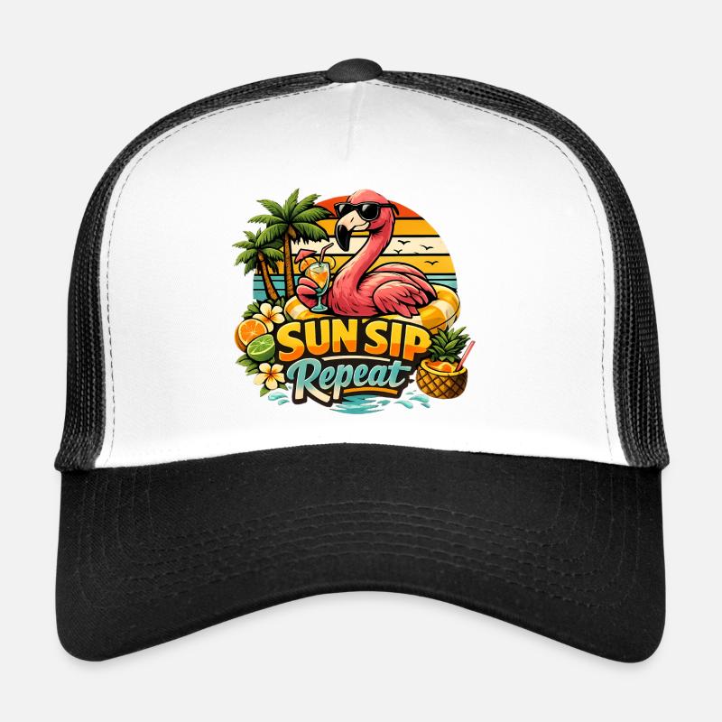 Flamingo Summer Holiday Sun Sip Repeat Trucker Cap