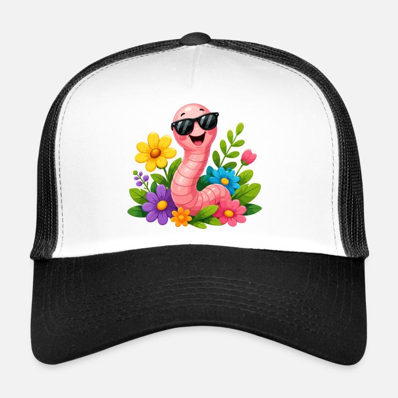 Fröhlicher Wurm mit Sonnenbrille im Blumengarten Trucker Cap
