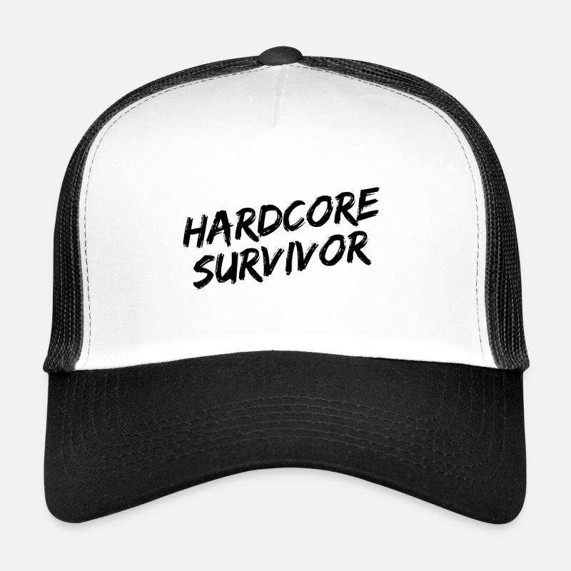 "Hardcore Survivor" Black Brush Font - Trucker Cap - white/black
