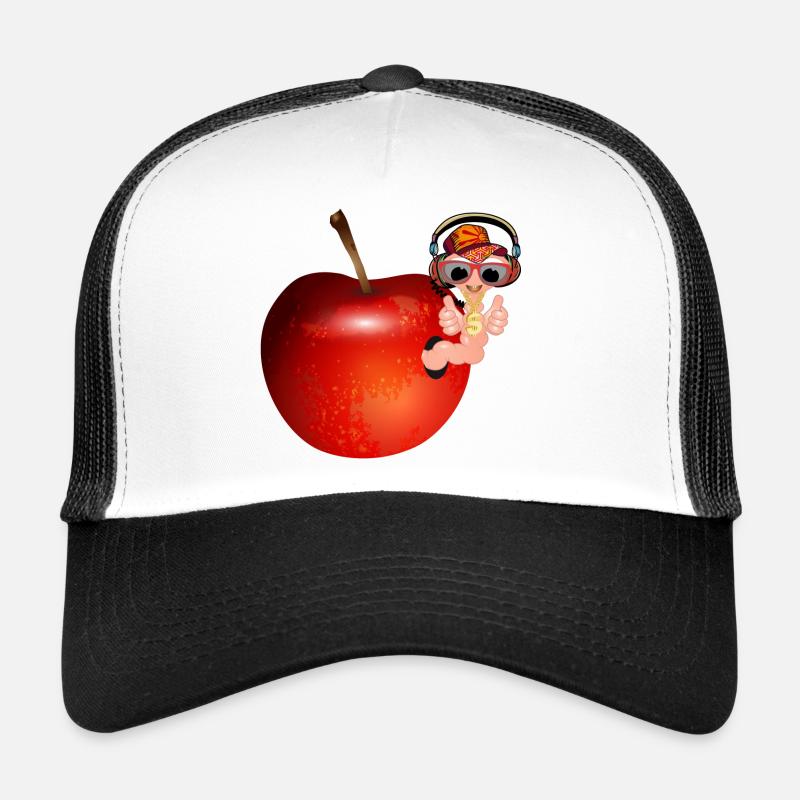 small earthworm as hip hopper in a red apple Trucker Cap
