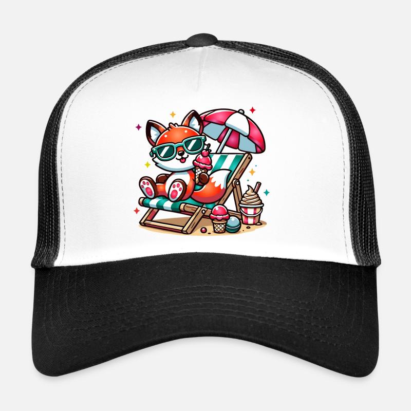 Renard de dessin animé joyeux sur la plage sur une chaise longue Casquette trucker 