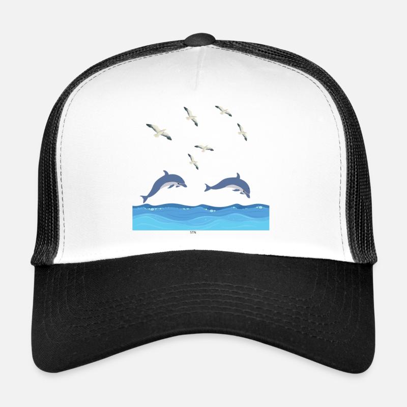 Dolphins Leap Over Azure Waves - Trucker Cap - white/black