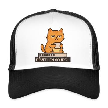 Réveil en cours – Chat pixel Humour Café - Casquette trucker  - blanc/noir - Devant