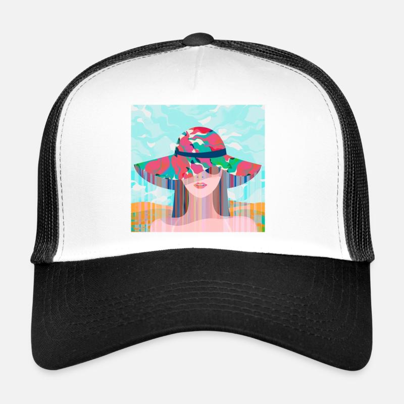 Woman with Psychedelic Colored Hat - Trucker Cap - white/black