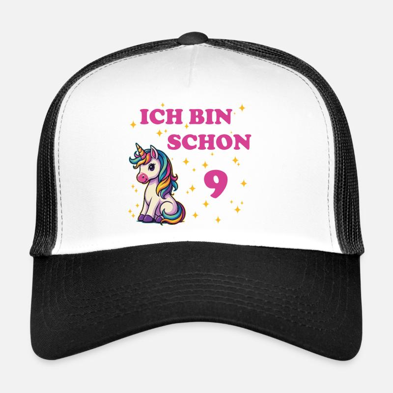Kindergeburtstag 9, Tanzendes Lustiges Einhorn - Trucker Cap - Weiß/Schwarz