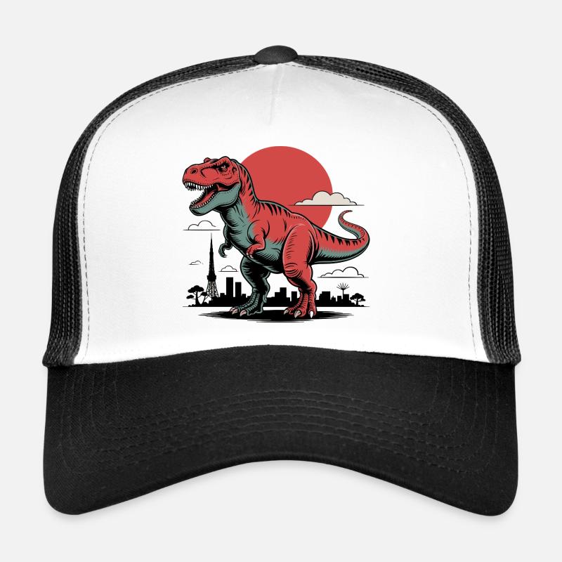 Horizon de la ville avec T-Rex et soleil en arrière-plan Casquette trucker 